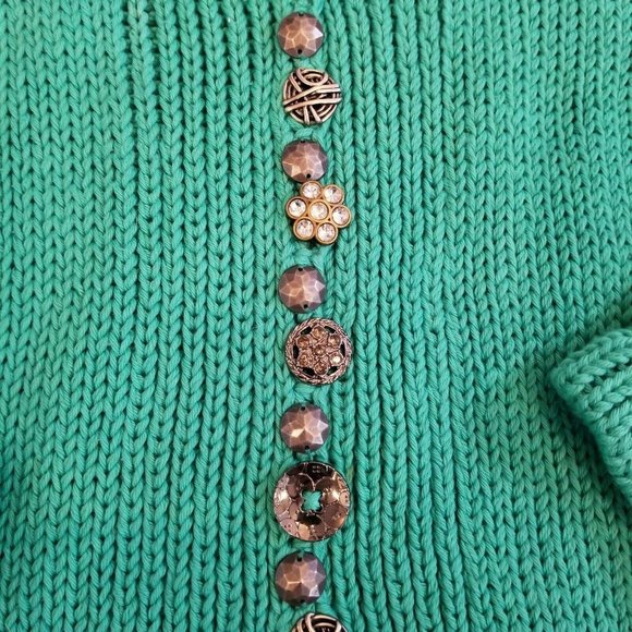 Pure Handknit Green Cardigan Cotton Ornate Buttons Chunky Size M/L - Picture 2 of 11